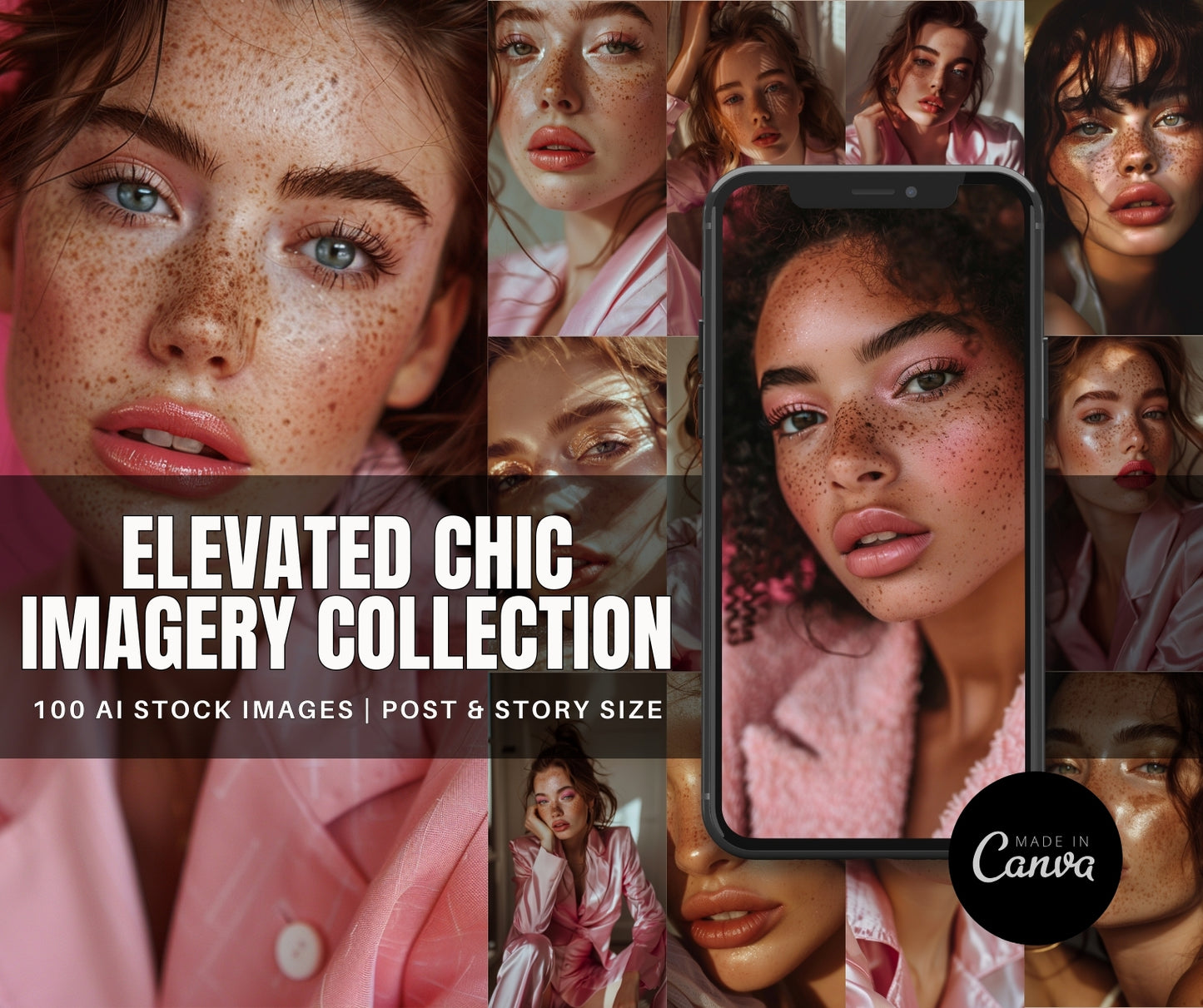 Collage of a woman's face with text 'Elevated Chic Imagery Collection' and 'Made by Canva'.