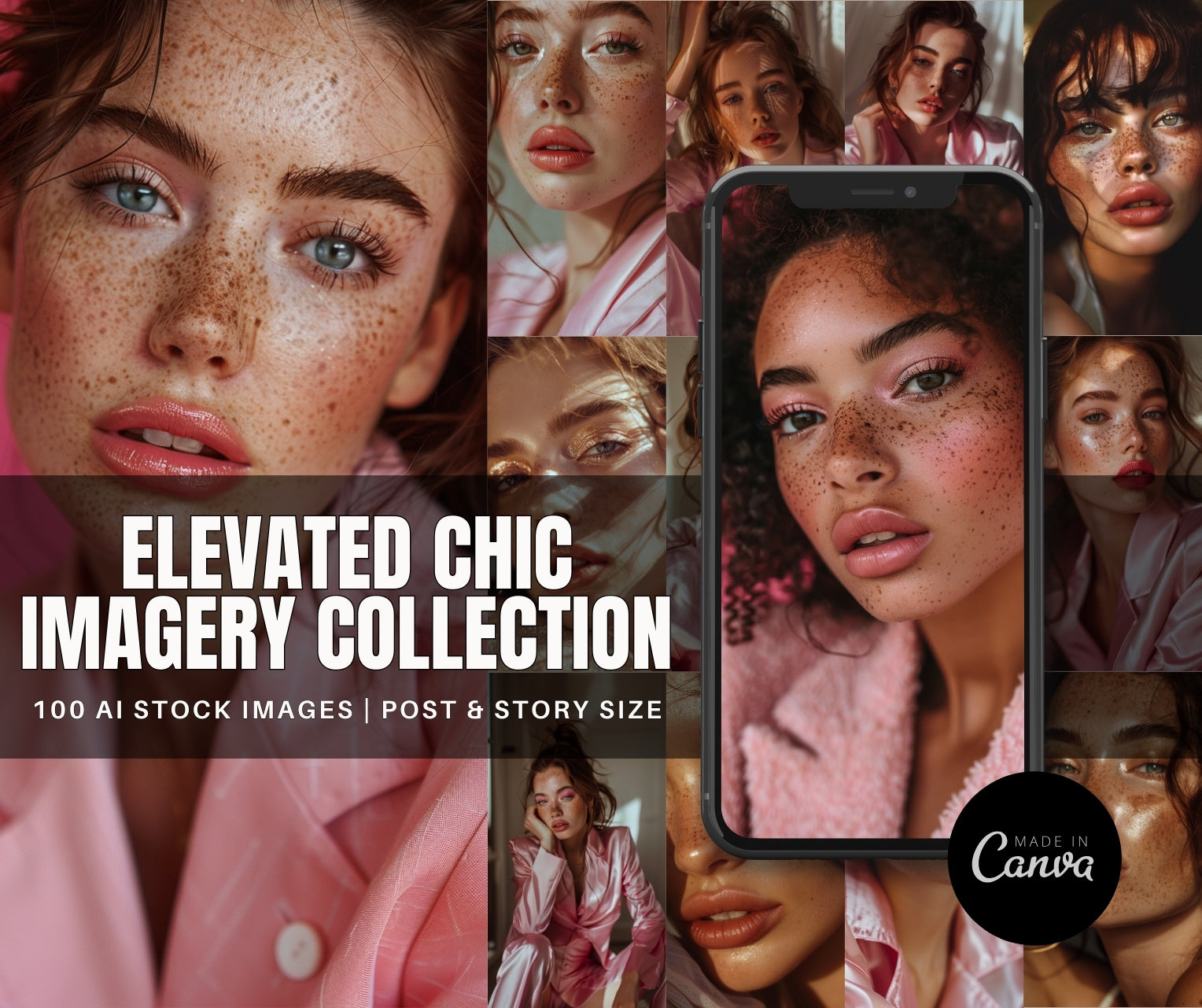 Collage of a woman's face with text 'Elevated Chic Imagery Collection' and 'Made by Canva'.