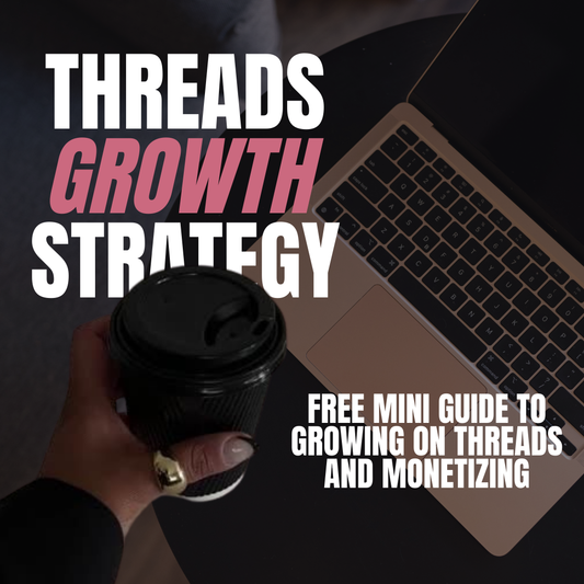 Hand holding a coffee cup with text about Threads growth strategy and a free mini guide.