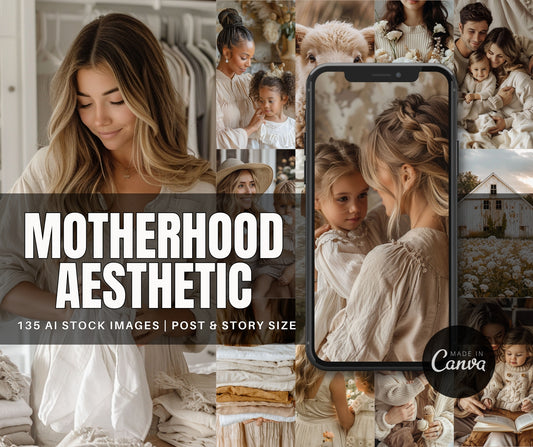 Collage of images with text 'Motherhood Aesthetic' and 'Made in Canva'.